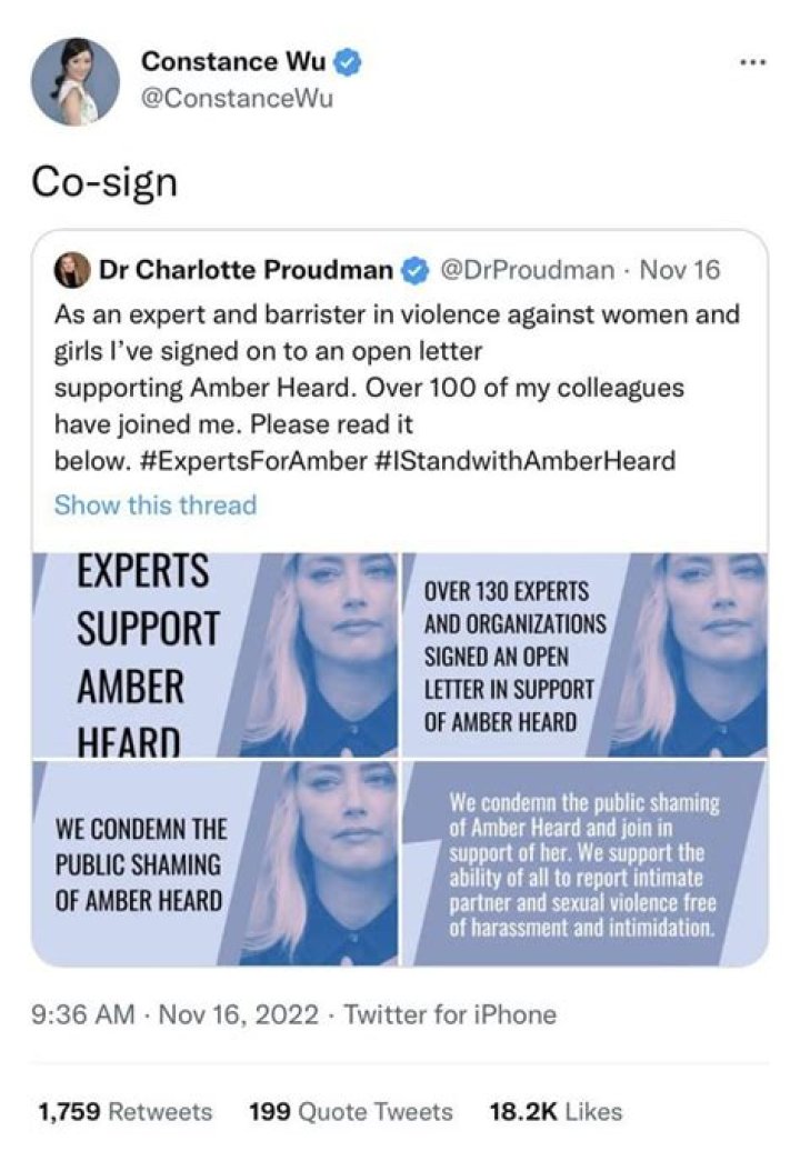 
Constance Wu, Gloria Steinem and More Support Amber Heard Against ‘Public Shaming’ in Open Letter 